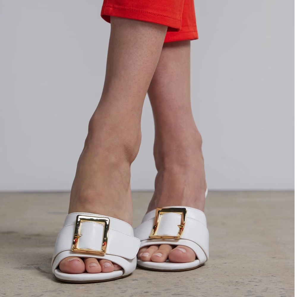 White Vegan Leather Buckle Wedge Heel